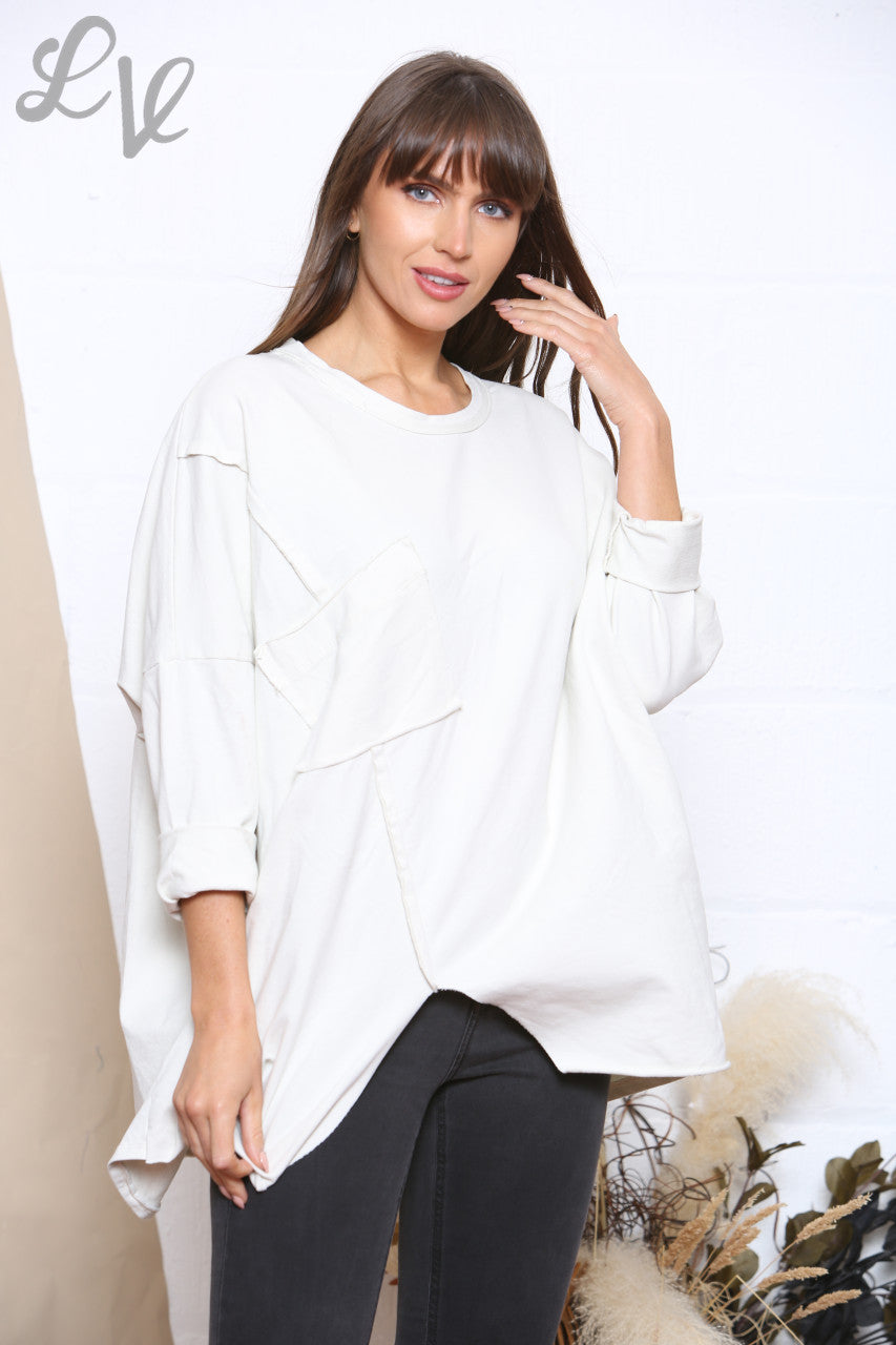 Ladies Pocket Front Plain Sweatshirt Top White
