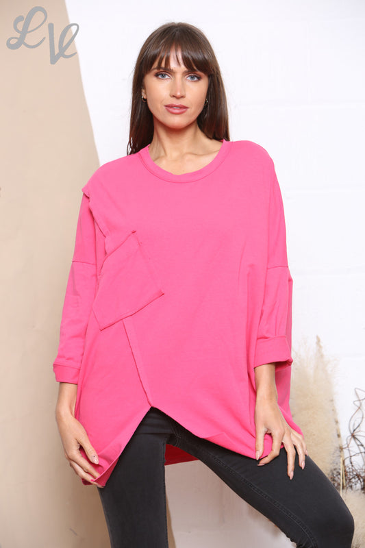Ladies Pocket Front Plain Sweatshirt Top Cerise