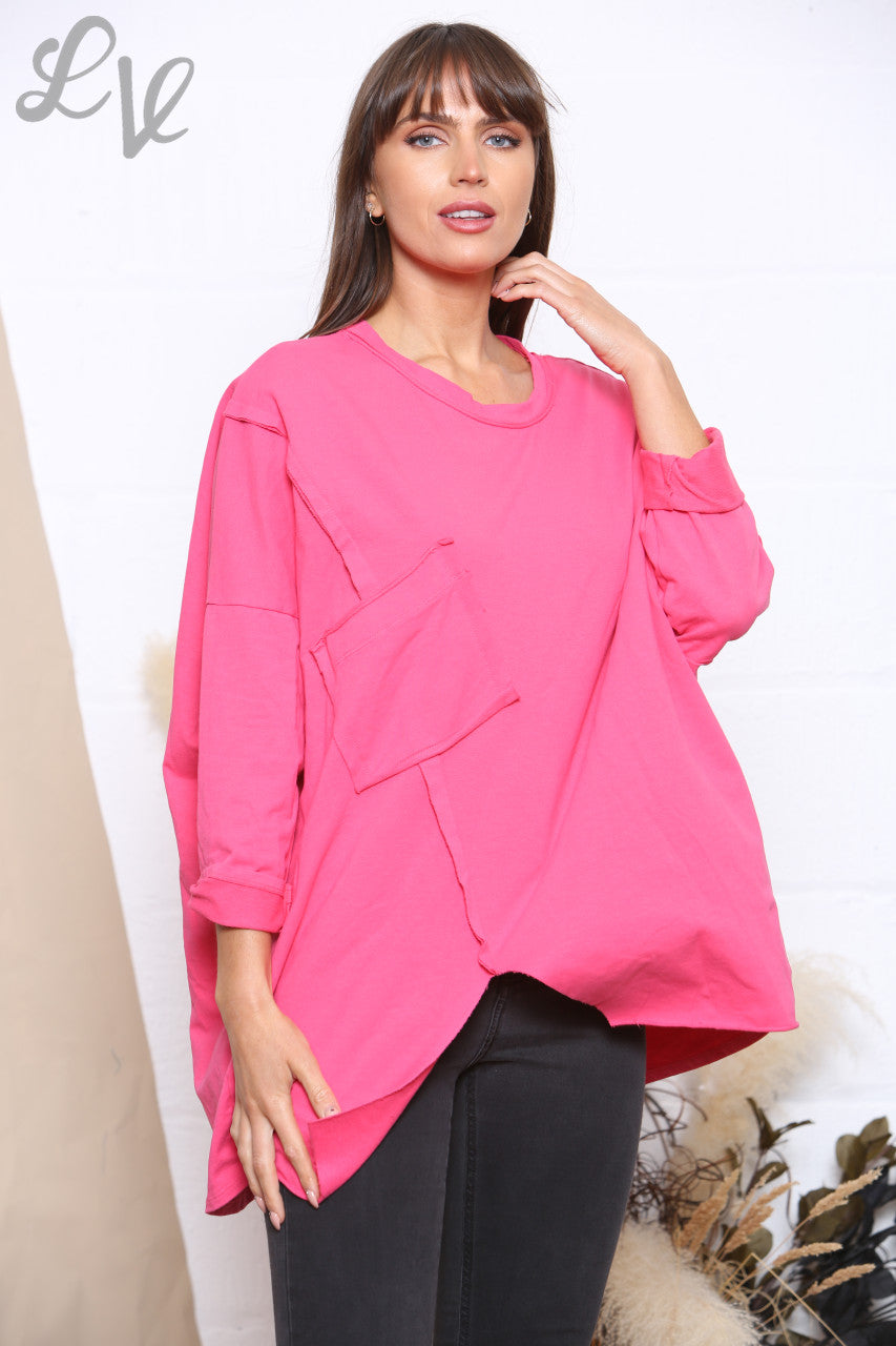 Ladies Pocket Front Plain Sweatshirt Top Cerise