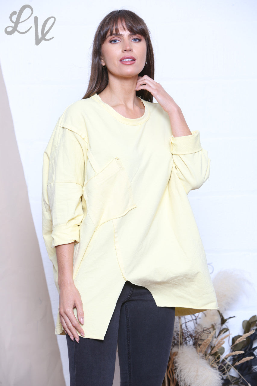 Ladies Pocket Front Plain Sweatshirt Top Lemon