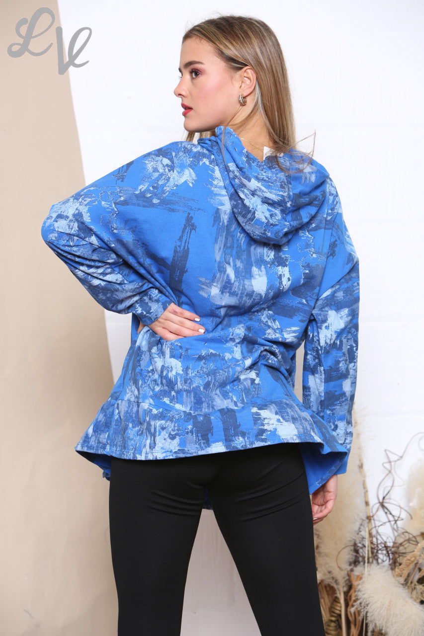 Dames Brush Stroke Print Hooded Sweatshirt Top Koningsblauw