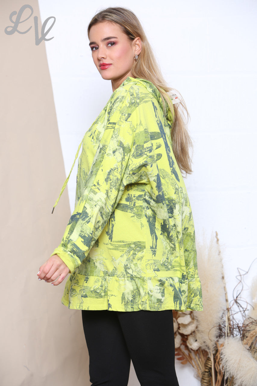 Ladies Brush Stroke Print Hooded Sweatshirt Top Lime