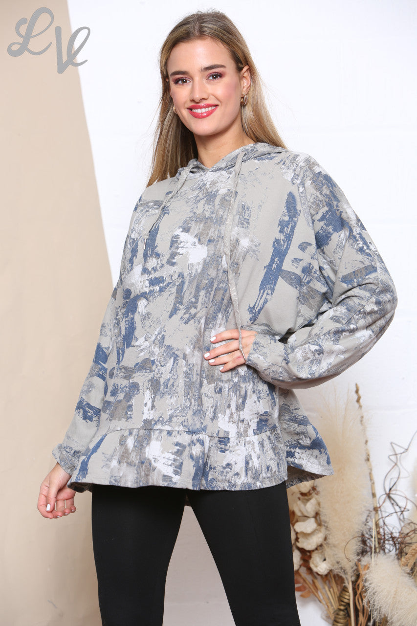 Ladies Brush Stroke Print Hooded Sweatshirt Top Taupe