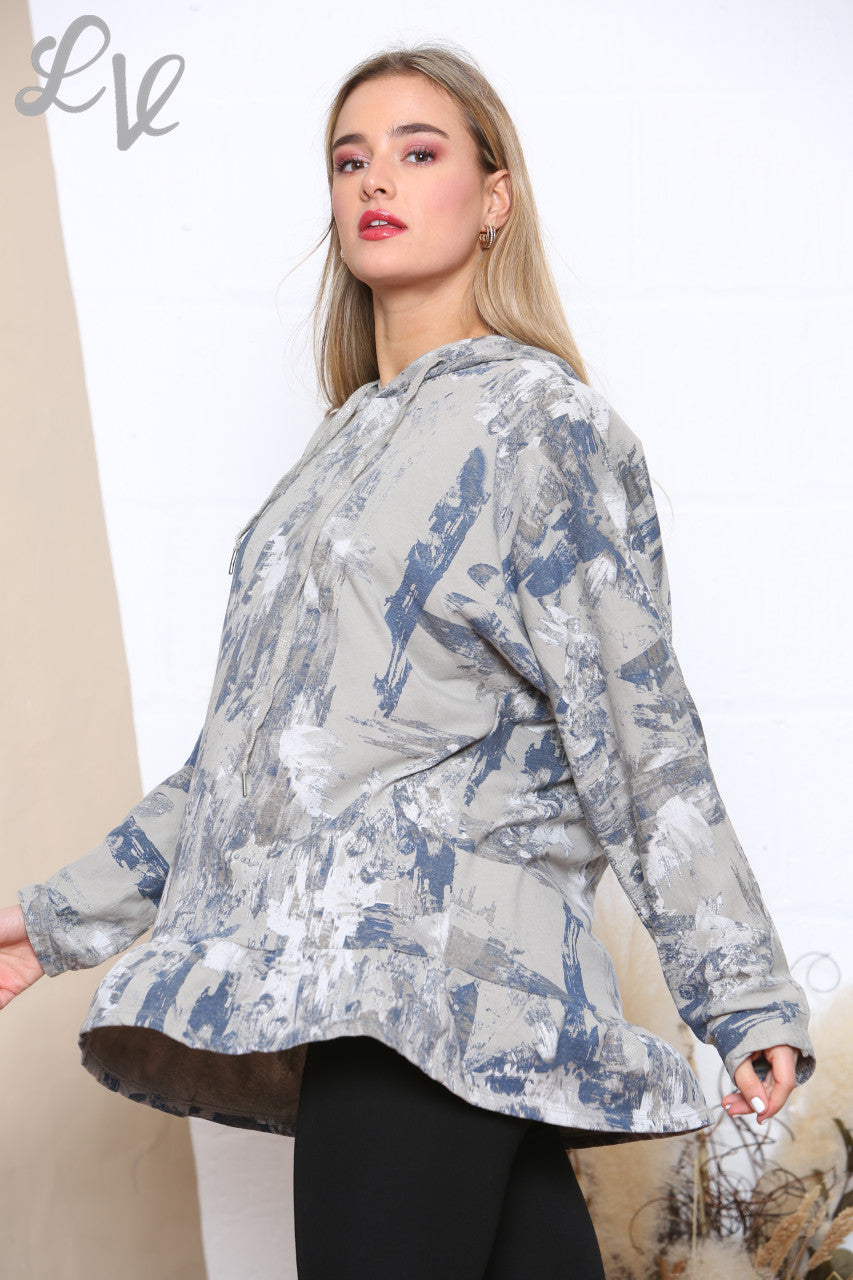 Ladies Brush Stroke Print Hooded Sweatshirt Top Taupe