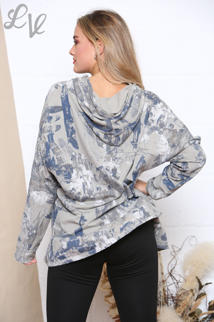 Ladies Brush Stroke Print Hooded Sweatshirt Top Taupe