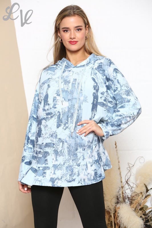 Ladies Brush Stroke Print Hooded Sweatshirt Top Sky Blue