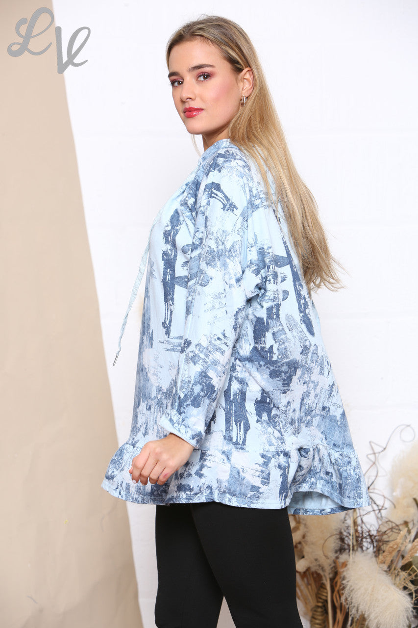 Ladies Brush Stroke Print Hooded Sweatshirt Top Sky Blue