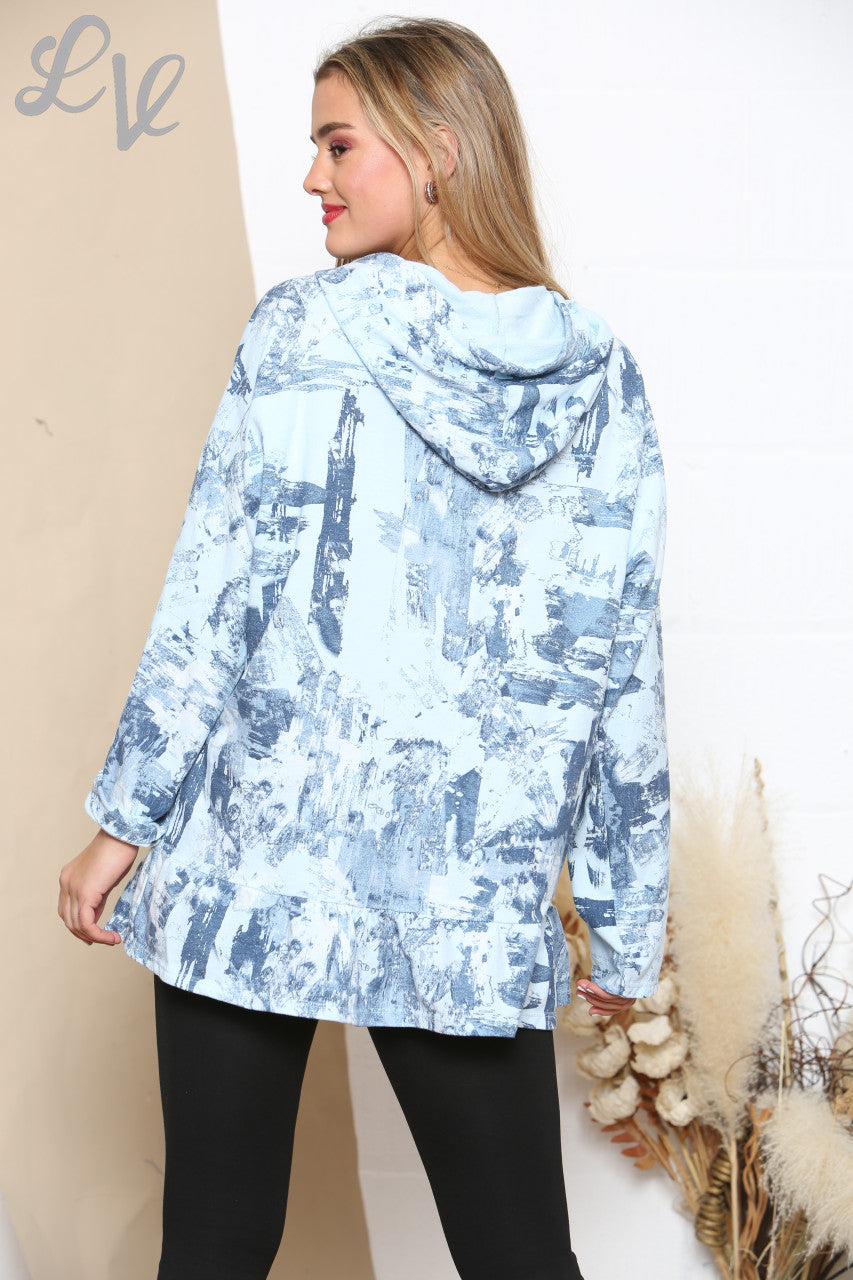 Ladies Brush Stroke Print Hooded Sweatshirt Top Sky Blue