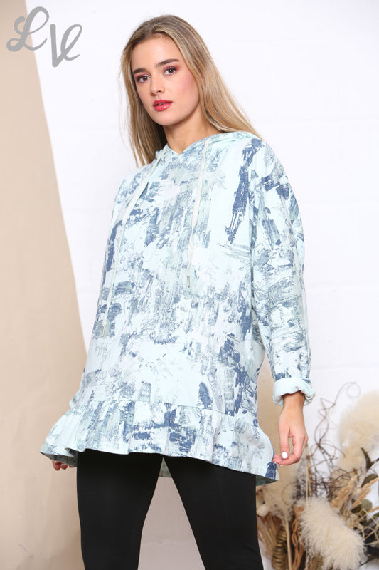 Ladies Brush Stroke Print Hooded Sweatshirt Top Mint