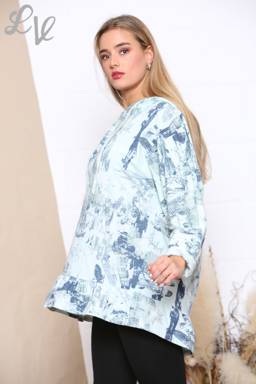 Ladies Brush Stroke Print Hooded Sweatshirt Top Mint