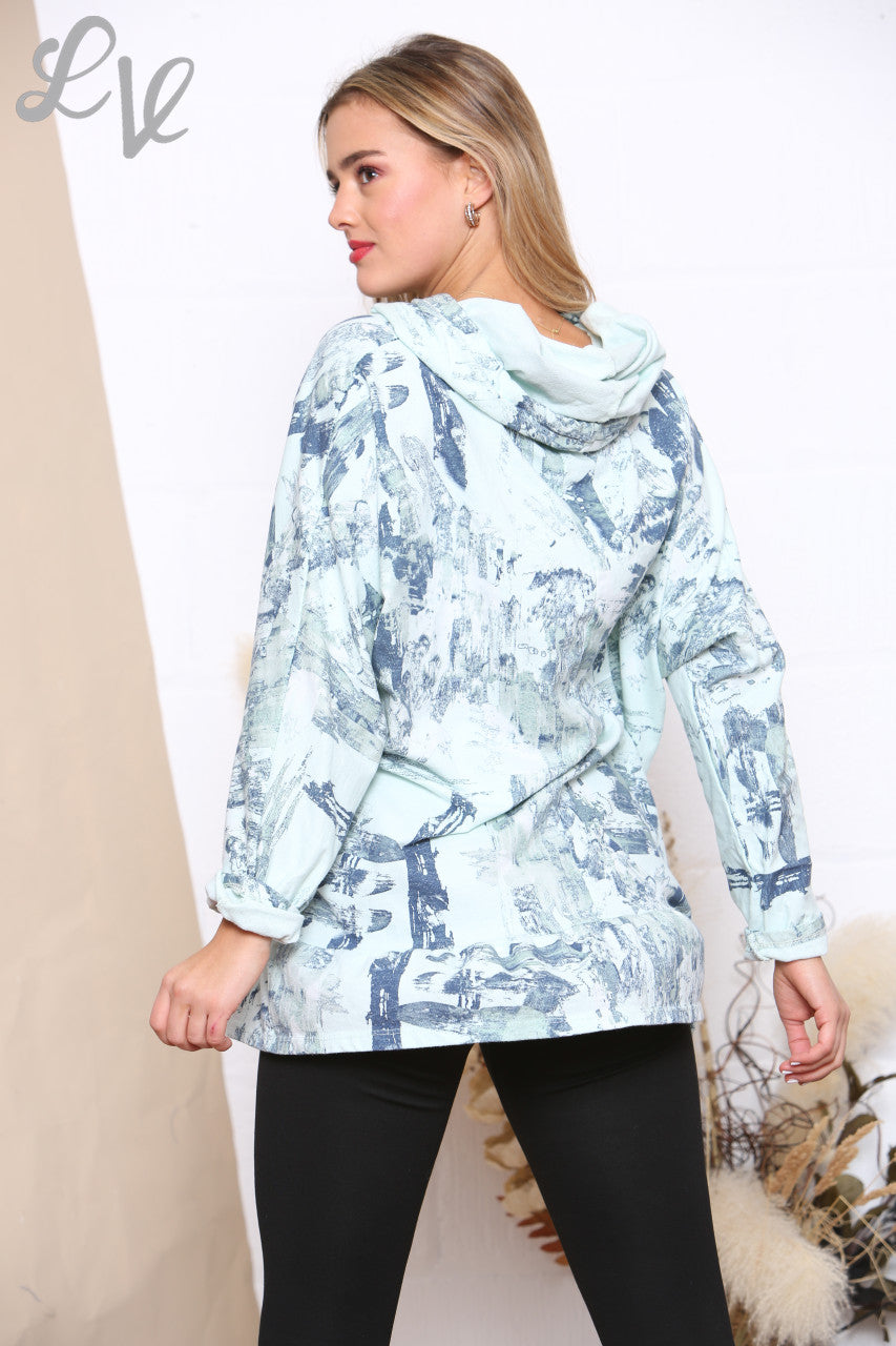 Ladies Brush Stroke Print Hooded Sweatshirt Top Mint