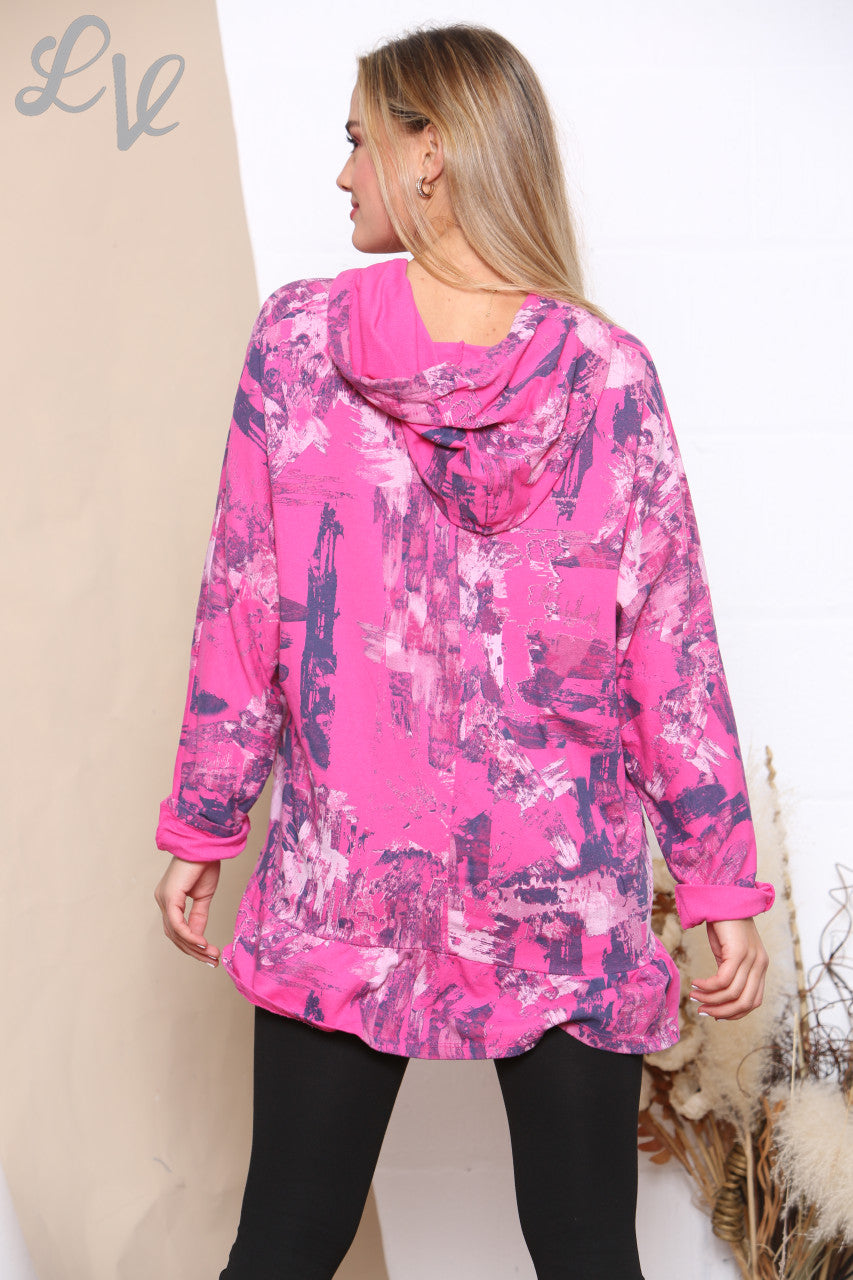 Ladies Brush Stroke Print Hooded Sweatshirt Top Cerise