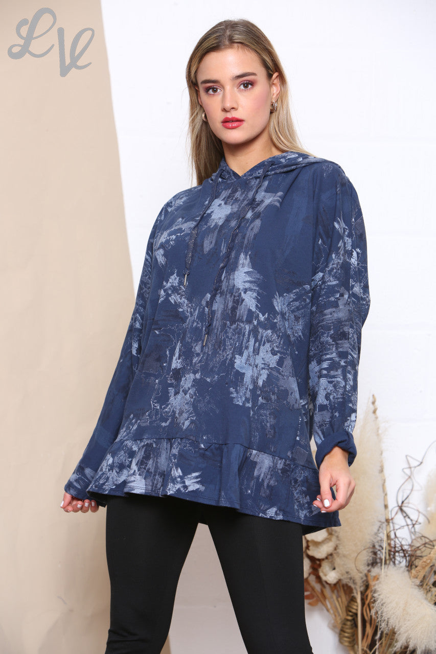 Ladies Brush Stroke Print Hooded Sweatshirt Top Navy