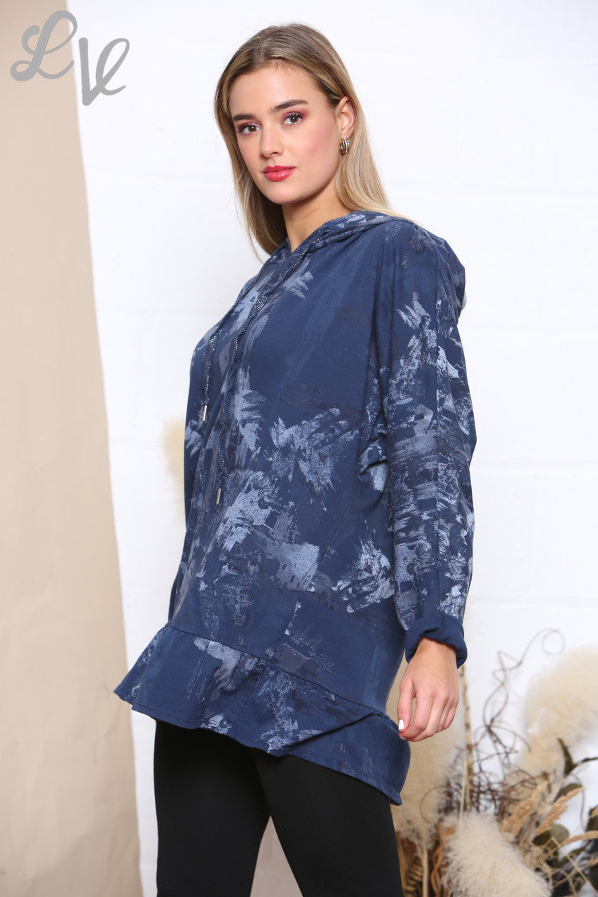 Ladies Brush Stroke Print Hooded Sweatshirt Top Navy