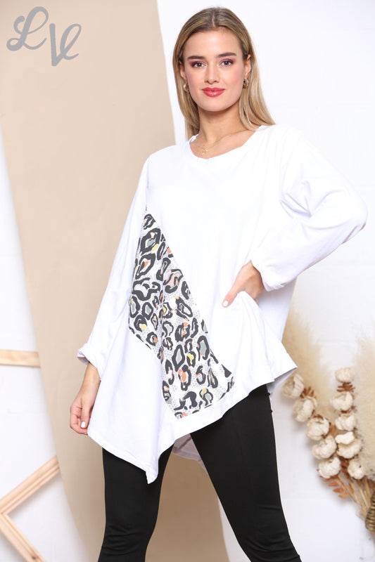 Ladies Leopard Print Patch Sweatshirt Top White
