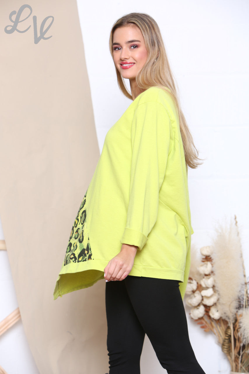 Ladies Leopard Print Patch Sweatshirt Top Lime