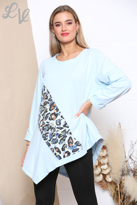 Ladies Leopard Print Patch Sweatshirt Top Sky Blue