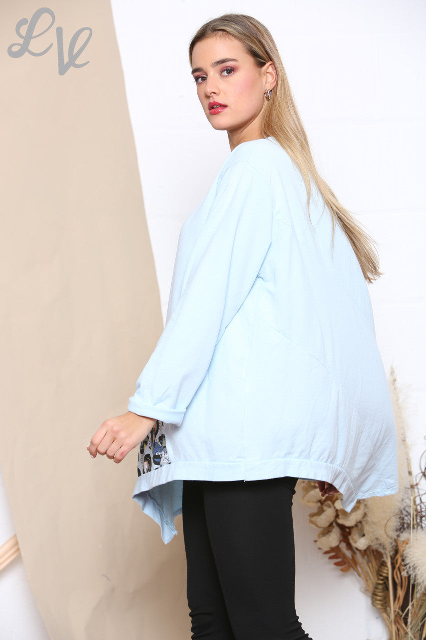 Ladies Leopard Print Patch Sweatshirt Top Sky Blue