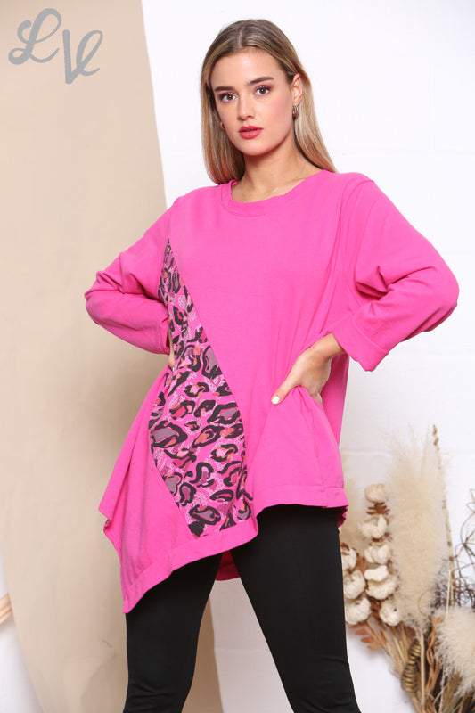 Ladies Leopard Print Patch Sweatshirt Top Cerise