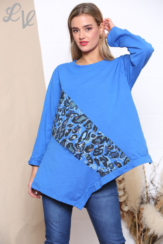 Ladies Leopard Print Patch Sweatshirt Top Royal Blue