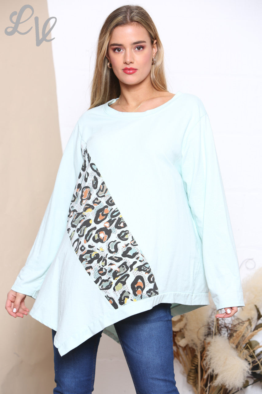 Ladies Leopard Print Patch Sweatshirt Top Mint