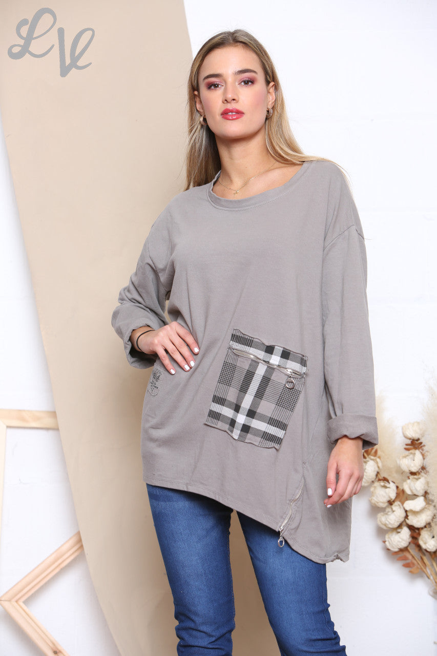 Ladies Checked Patchwork Pocket Sweatshirt Top Taupe