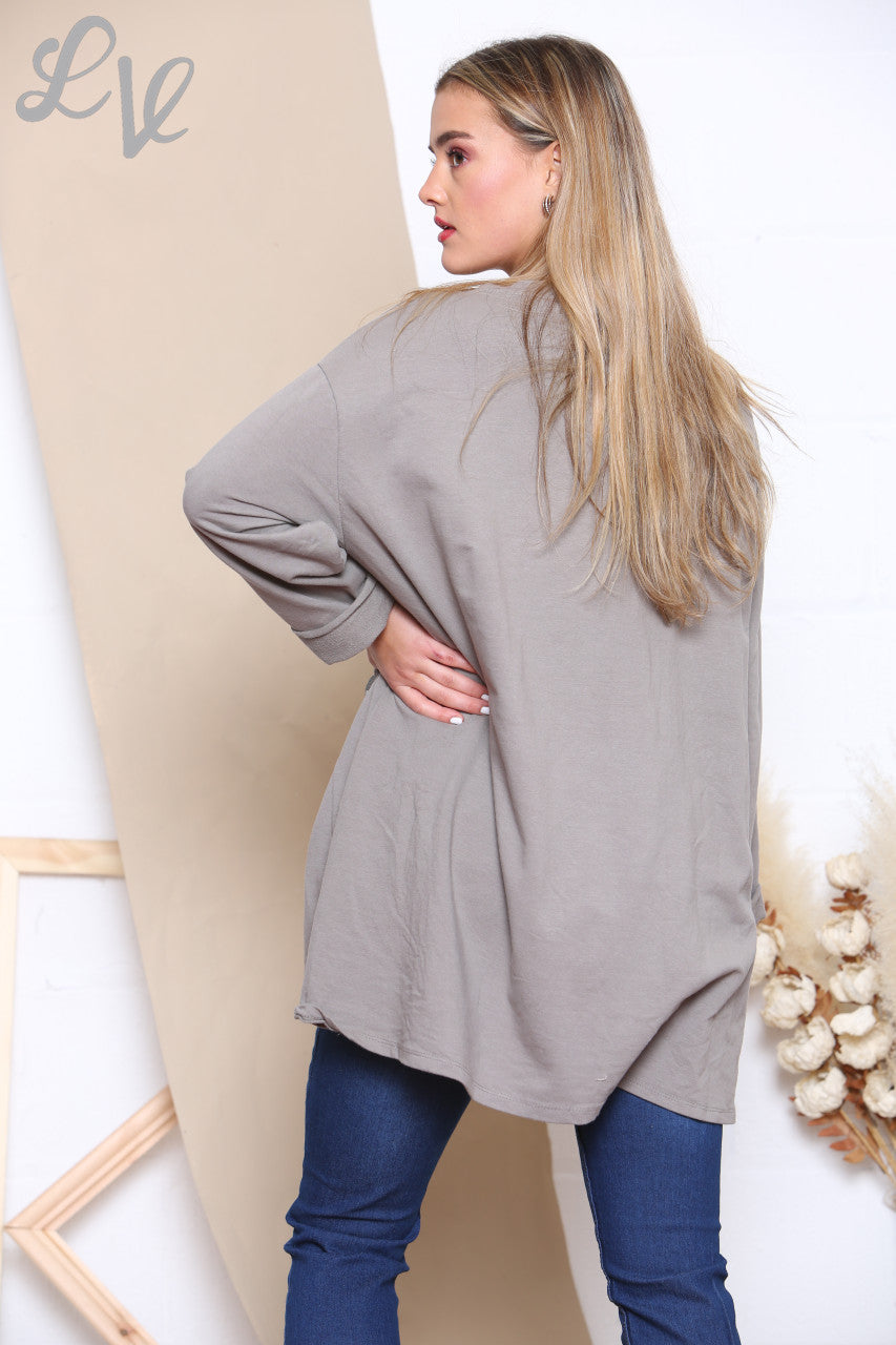Ladies Checked Patchwork Pocket Sweatshirt Top Taupe
