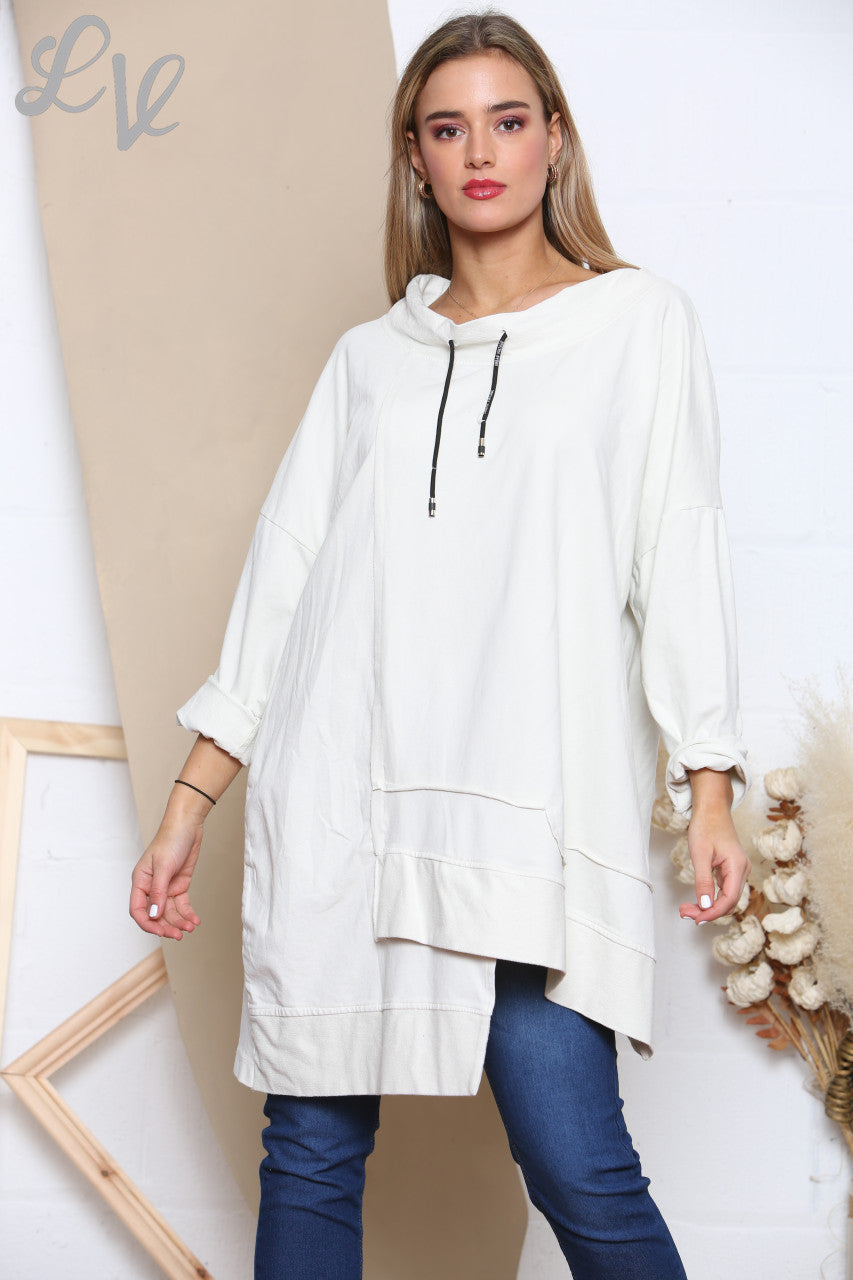 Ladies Drawstring Neckline Sweatshirt Top White