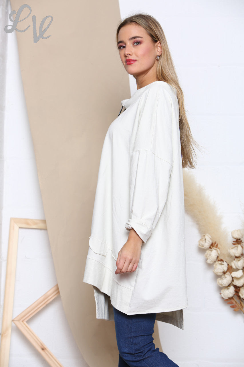 Ladies Drawstring Neckline Sweatshirt Top White