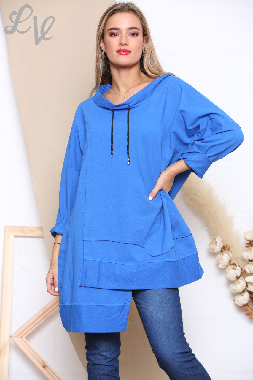 Ladies Drawstring Neckline Sweatshirt Top Royal Blue