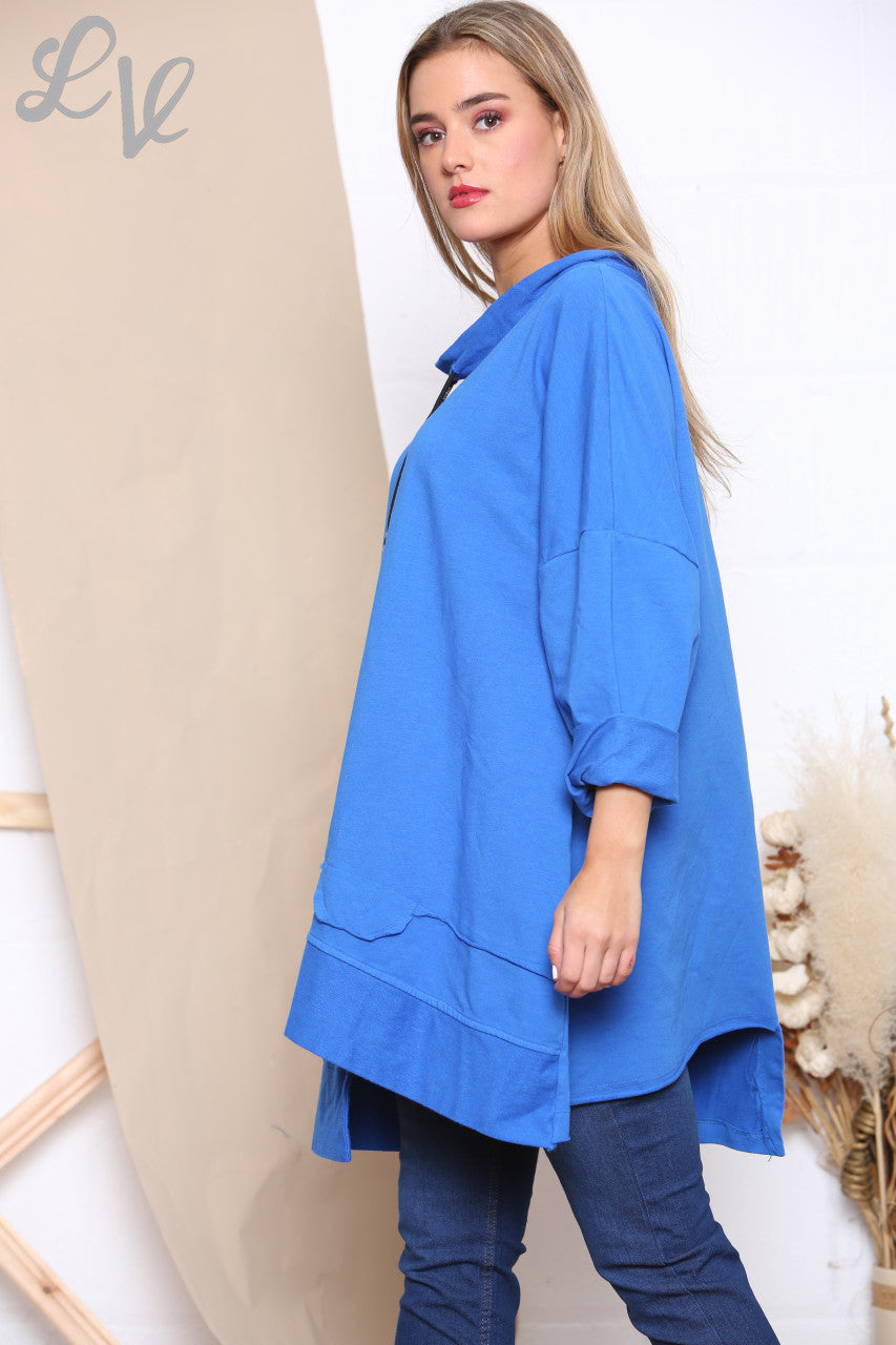 Ladies Drawstring Neckline Sweatshirt Top Royal Blue