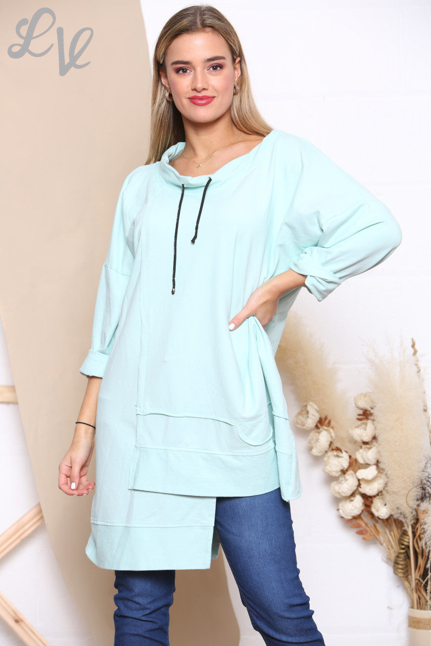 Ladies Drawstring Neckline Sweatshirt Top Mint