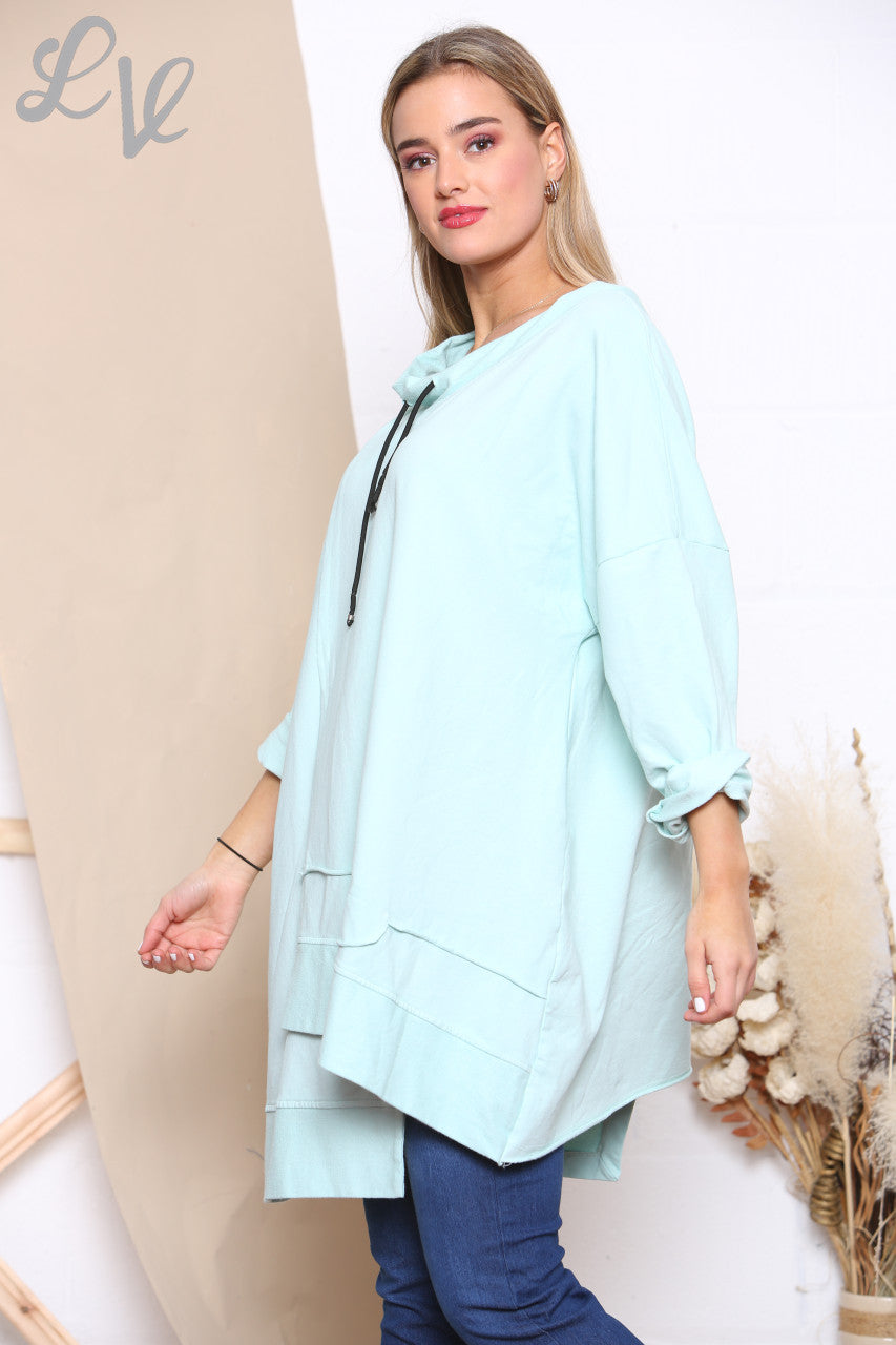 Ladies Drawstring Neckline Sweatshirt Top Mint