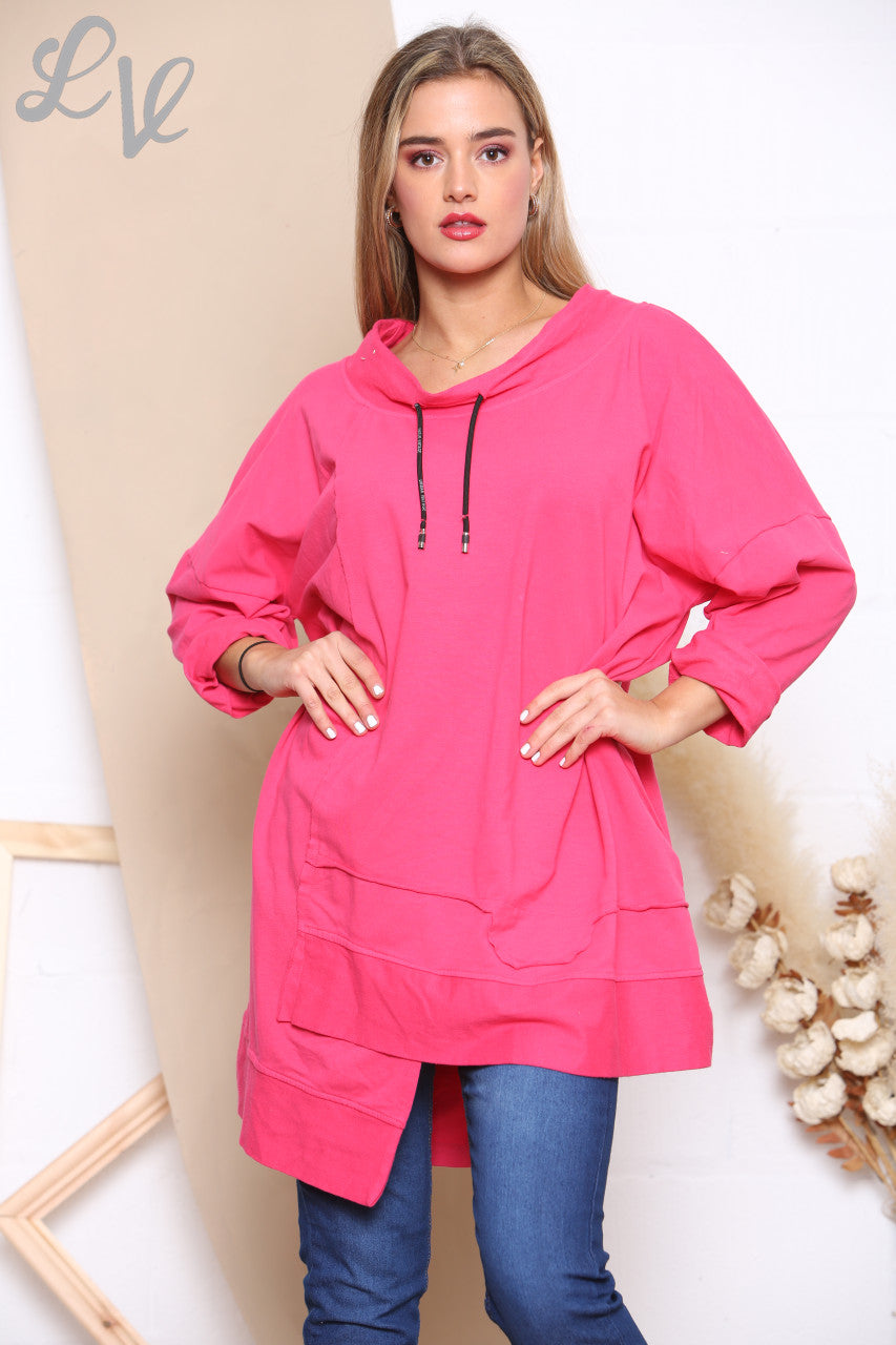 Ladies Drawstring Neckline Sweatshirt Top Cerise