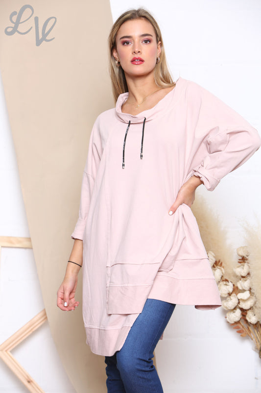 Ladies Drawstring Neckline Sweatshirt Top Dusty Pink