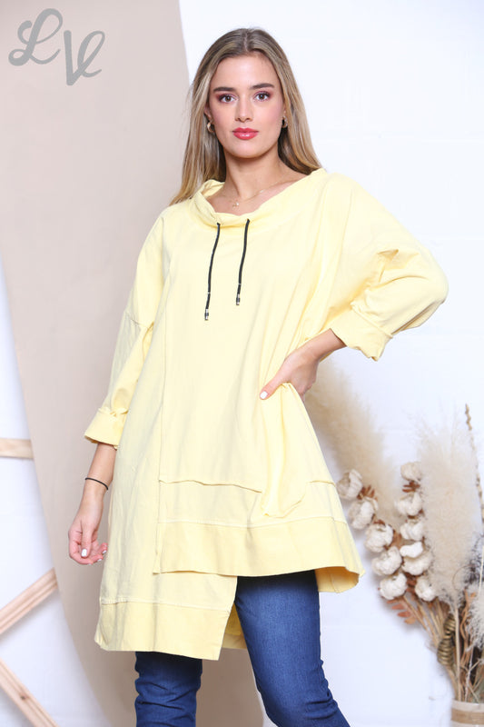 Ladies Drawstring Neckline Sweatshirt Top Lemon