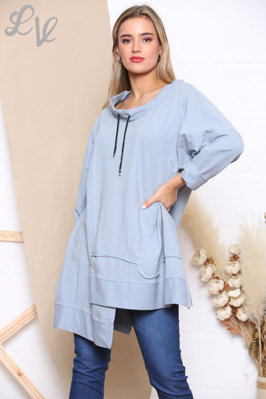 Ladies Drawstring Neckline Sweatshirt Top Denim