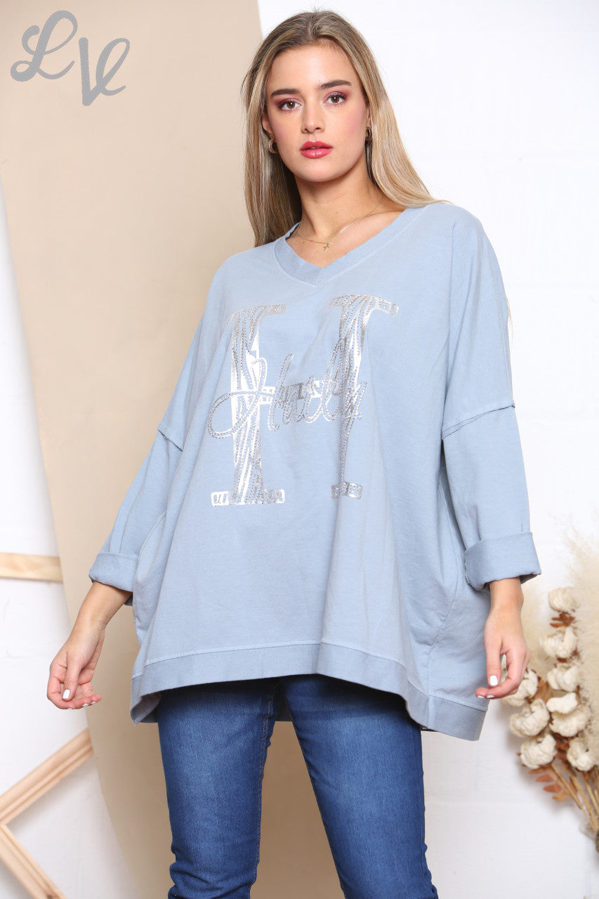 Ladies H Script Graphic Sweatshirt Top Denim
