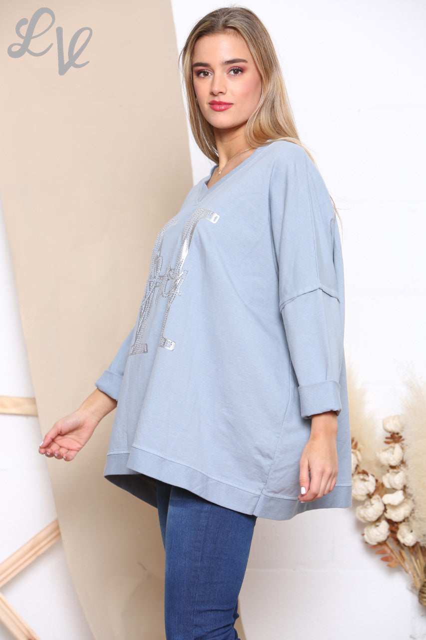 Ladies H Script Graphic Sweatshirt Top Denim