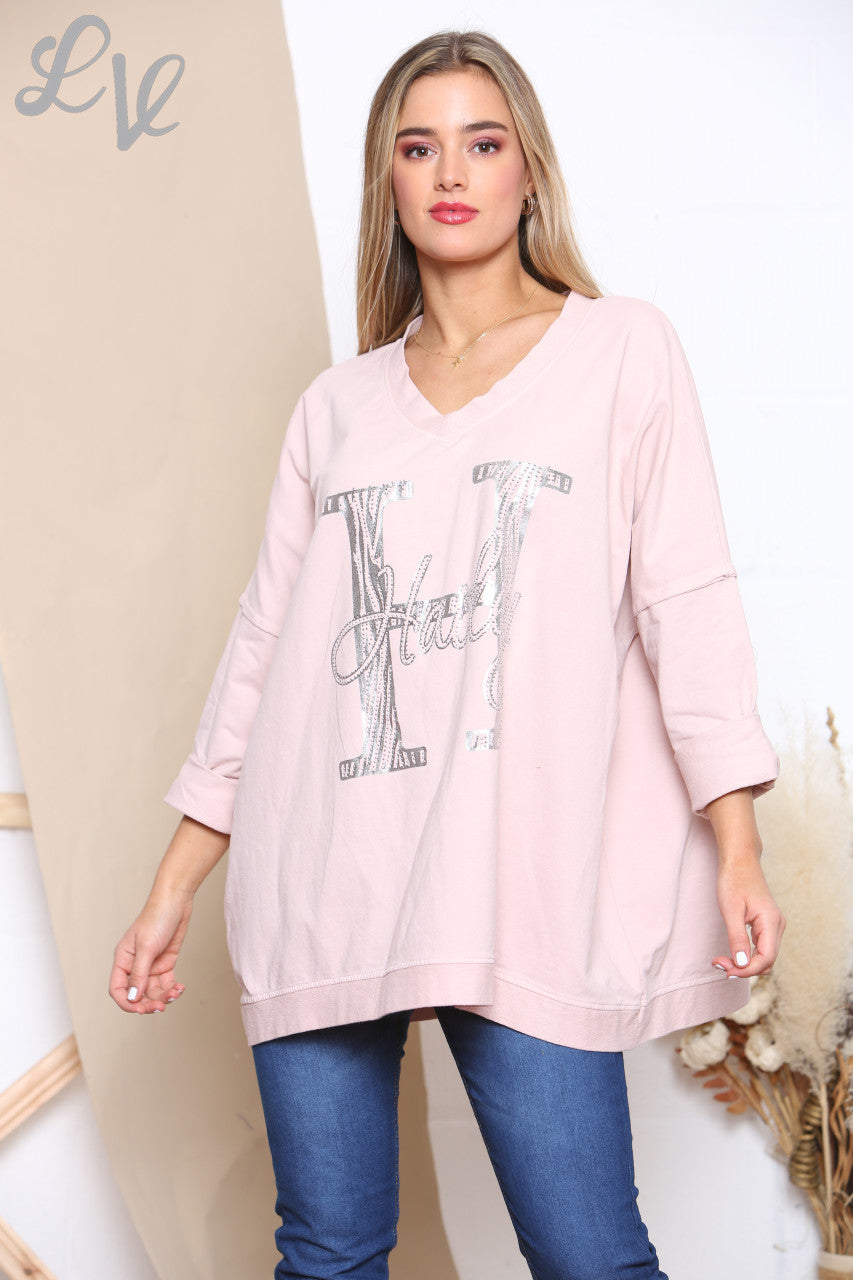 Ladies H Script Graphic Sweatshirt Top Dusty Pink