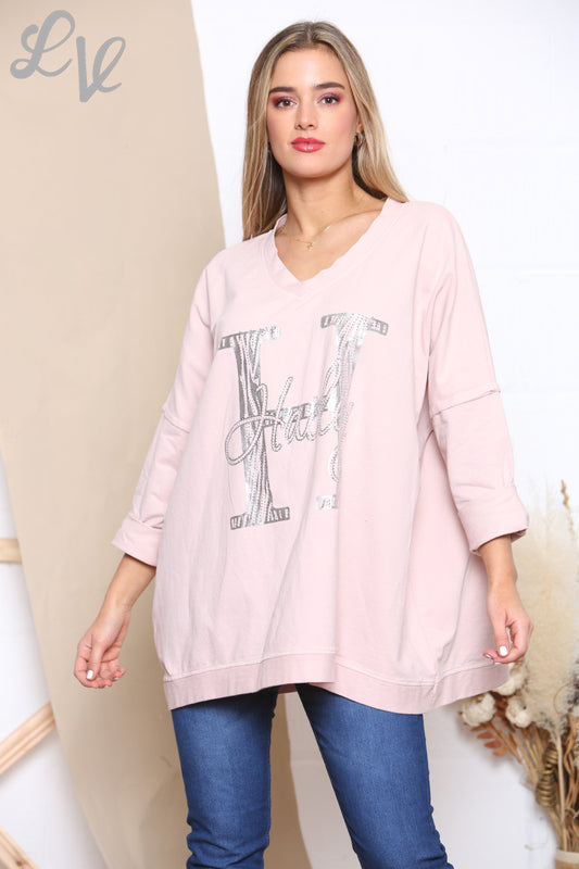 Ladies H Script Graphic Sweatshirt Top Dusty Pink