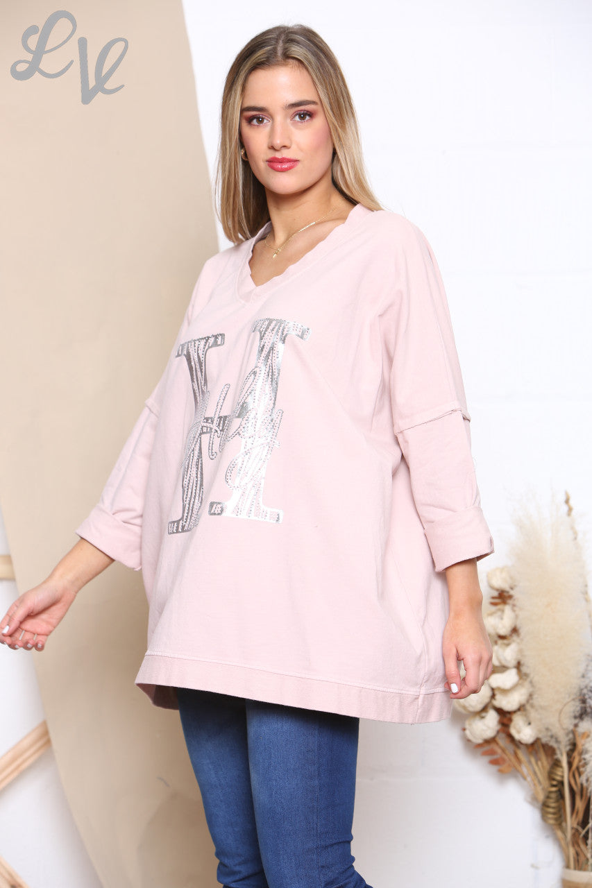 Ladies H Script Graphic Sweatshirt Top Dusty Pink