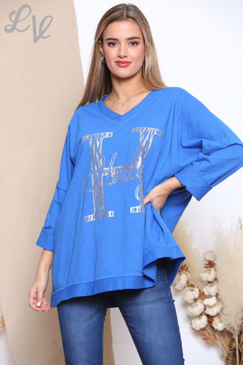 Ladies H Script Graphic Sweatshirt Top Royal Blue