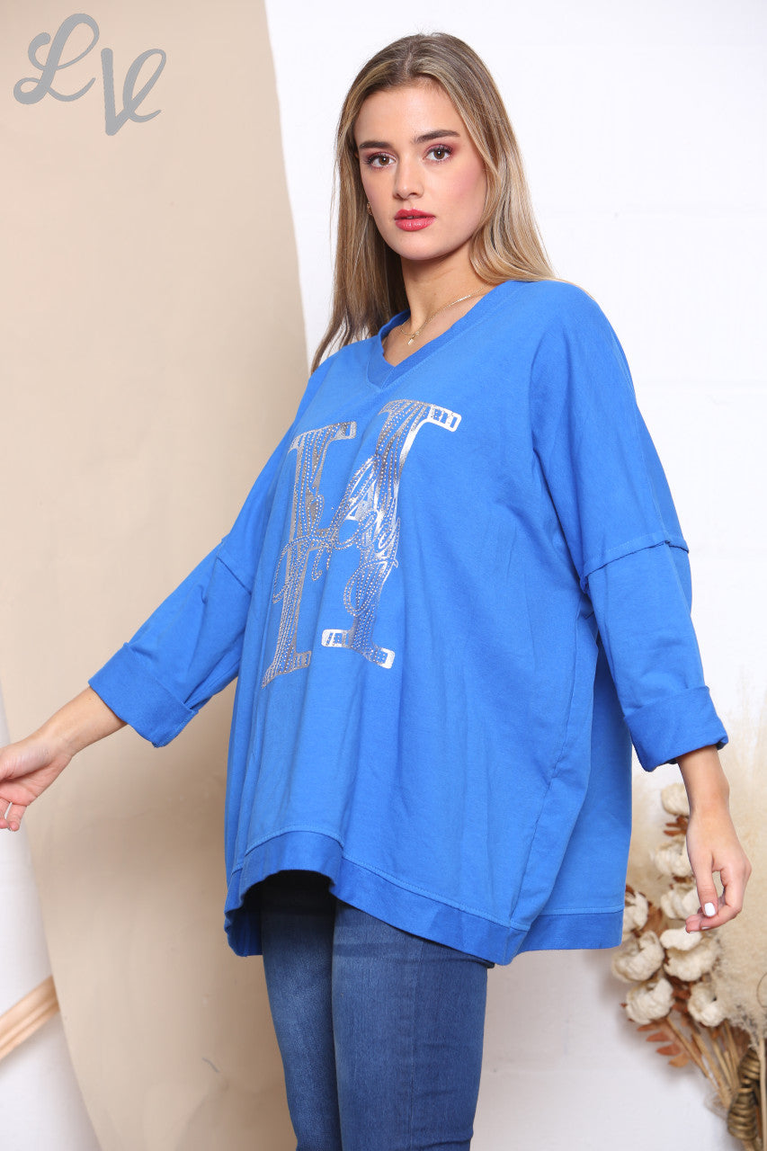 Ladies H Script Graphic Sweatshirt Top Royal Blue