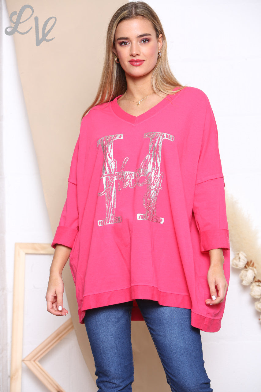 Ladies H Script Graphic Sweatshirt Top Cerise