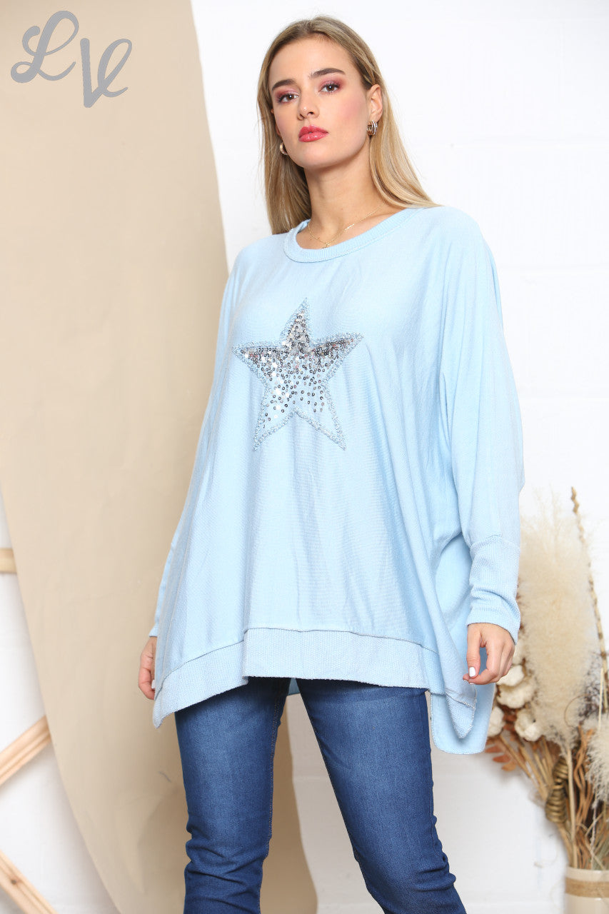 Ladies Sequin Star Fine Knit Jumper Top Sky Blue