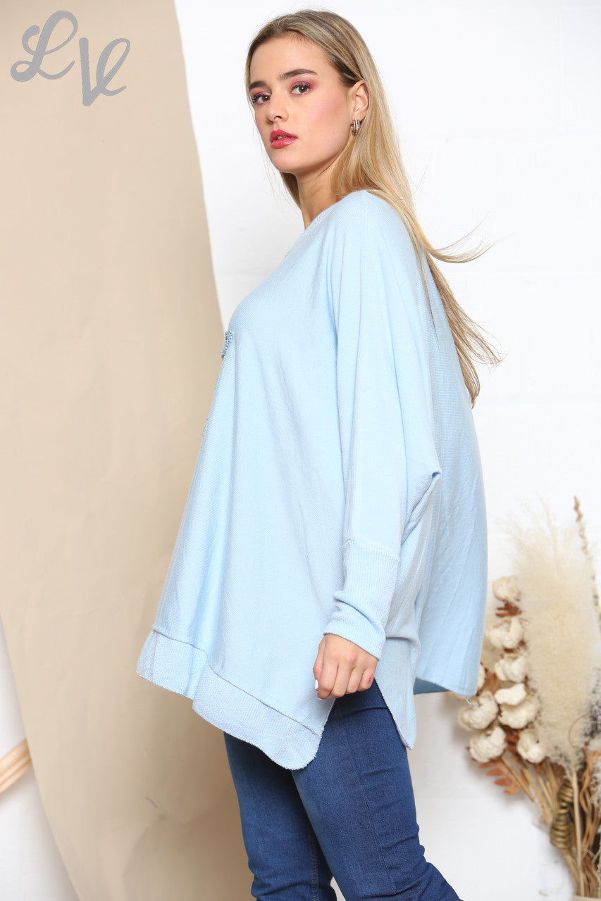 Ladies Sequin Star Fine Knit Jumper Top Sky Blue