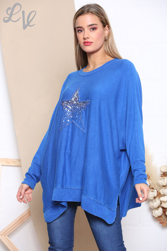 Dames Sequin Ster Fijne Gebreide Jumper Top Koningsblauw