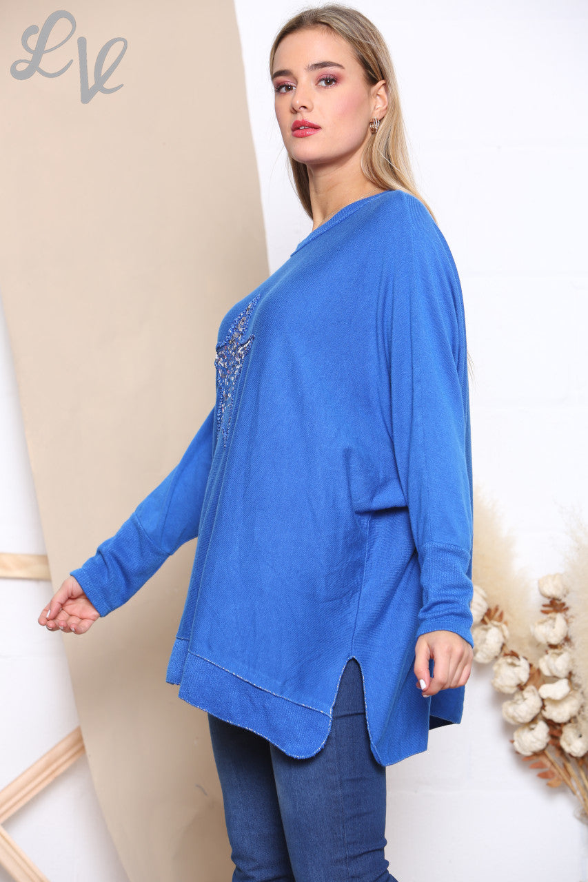 Ladies Sequin Star Fine Knit Jumper Top Royal Blue