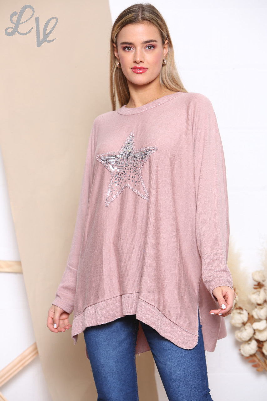 Ladies Sequin Star Fine Knit Jumper Top Dusty Pink